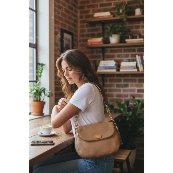 Michael Michael Kors Beige Pebbled Leather Crossbody Bag Gold Hardware EUC - Picture 2 of 5